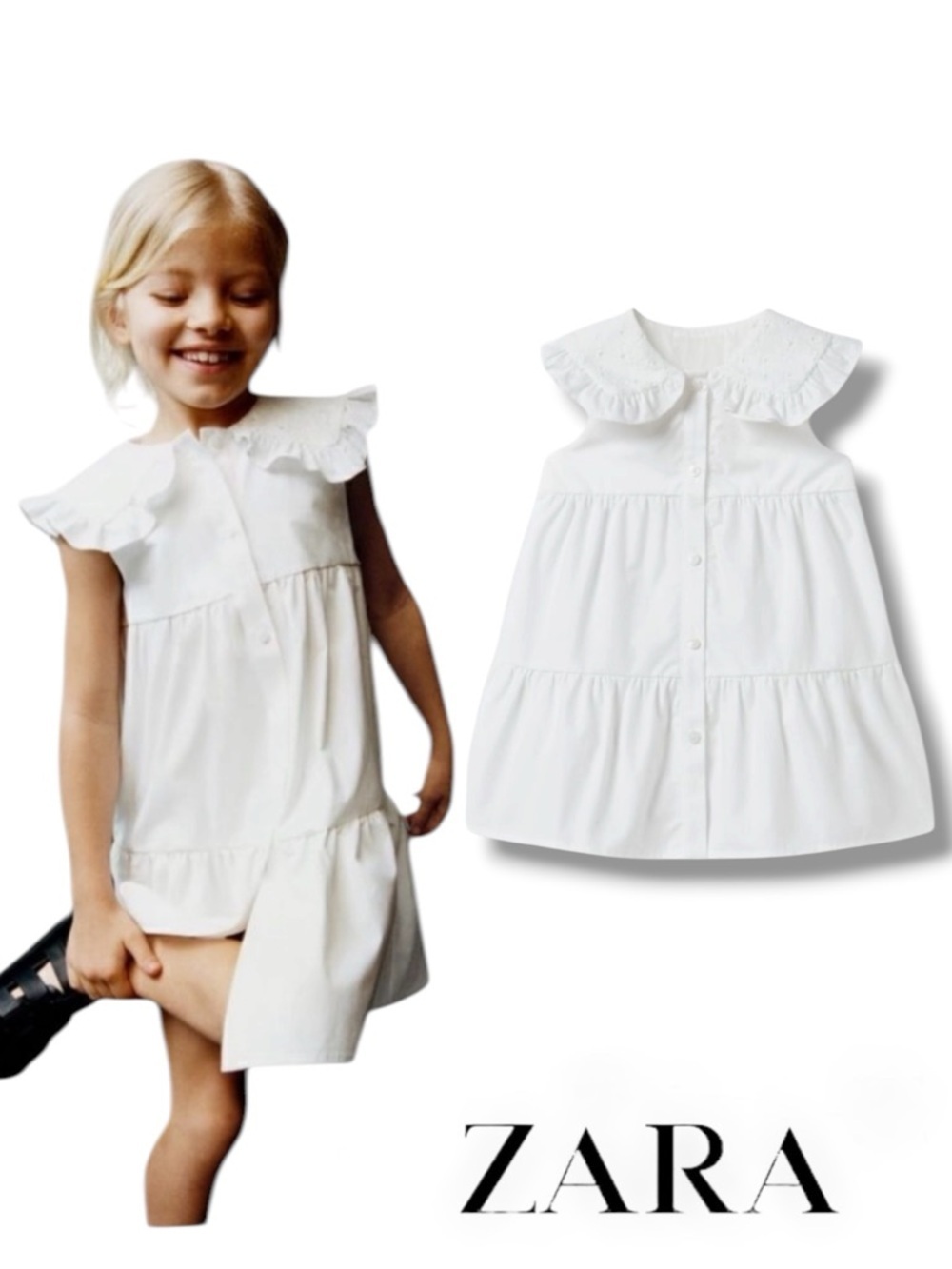 ZARA Kids White Tiered Dress with Embroidered Collar NWT Size 3T 4T